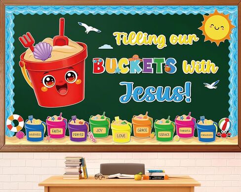2026 Summer Jesus VBS Bulletin Board Decorations Set Summer Bucket Classroom Bulletin Board Filling Our Buckets with Jesus Sun Beach Christian Cutouts for Sunday School Home Wall Chalkboard Supplies in Saudi Arabia