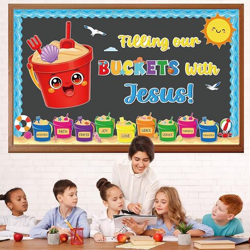 2026 Summer Jesus VBS Bulletin Board Decorations Set Summer Bucket Classroom Bulletin Board Filling Our Buckets with Jesus Sun Beach Christian Cutouts for Sunday School Home Wall Chalkboard Supplies in Saudi Arabia