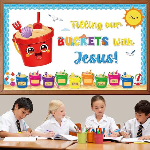 2026 Summer Jesus VBS Bulletin Board Decorations Set Summer Bucket Classroom Bulletin Board Filling Our Buckets with Jesus Sun Beach Christian Cutouts for Sunday School Home Wall Chalkboard Supplies in Saudi Arabia