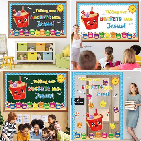 2026 Summer Jesus VBS Bulletin Board Decorations Set Summer Bucket Classroom Bulletin Board Filling Our Buckets with Jesus Sun Beach Christian Cutouts for Sunday School Home Wall Chalkboard Supplies in Saudi Arabia
