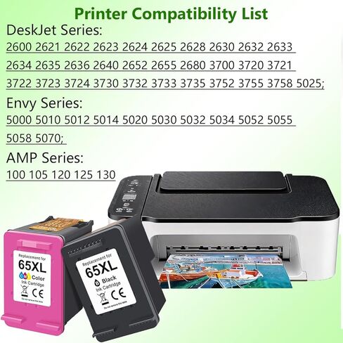 65XL Ink Cartridge Black/Color Replacement for HP65XL for HP Envy 5000 5055 5052 5058 / Deskjet 3755 3700 3772 3722 2600 2621 2622 2630 2623 2624 Printer (2 Value Pack) in Saudi Arabia