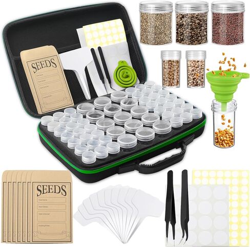 57 Slots Seed Storage Organizer Box with 0.6oz 1.5oz Garden Seed Containers, 20 Envelopes, Label Stickers, Plant Label, Zipper Closure Seed Holder Organizer Kit for Vegetable/Flower/Plants Seed Saving in Saudi Arabia