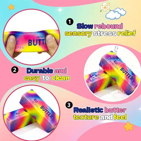 Colorful Butter Squishy Slow Rising Butter Squeeze Toy, Soft Sensory Fidget Toy for Stress Relief, Anxiety Relief Squeeze Ball, Cute Realistic Butter Stick Toy for Adults Kids Gifts (2PCS) in Kuwait