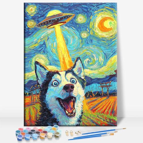 HUINORYA Husky UFO Night Sky Husky Dog Framed Canvas DIY Paint by Numbers Kit Bar Cafe Cave Home Room Wall Bathroom Porch Patio Decor Gift, 16 x 12 Inch in Kuwait