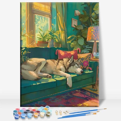 HUINORYA Husky UFO Night Sky Husky Dog Framed Canvas DIY Paint by Numbers Kit Bar Cafe Cave Home Room Wall Bathroom Porch Patio Decor Gift, 16 x 12 Inch in Kuwait