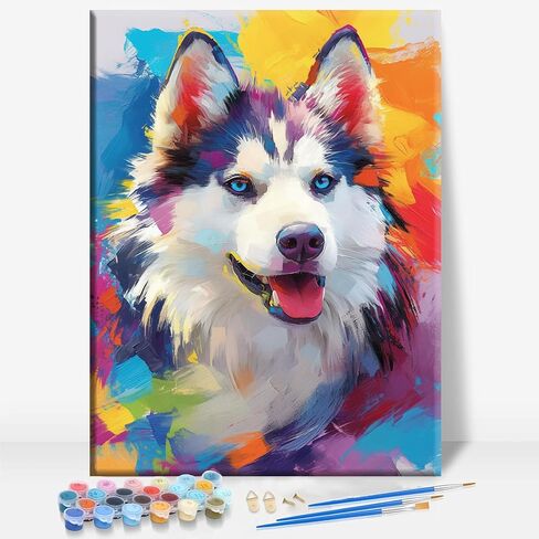 HUINORYA Husky UFO Night Sky Husky Dog Framed Canvas DIY Paint by Numbers Kit Bar Cafe Cave Home Room Wall Bathroom Porch Patio Decor Gift, 16 x 12 Inch in Kuwait