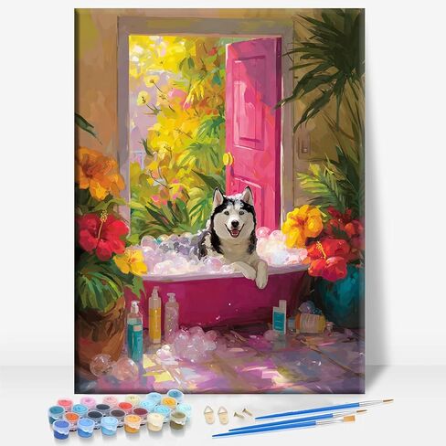 HUINORYA Husky UFO Night Sky Husky Dog Framed Canvas DIY Paint by Numbers Kit Bar Cafe Cave Home Room Wall Bathroom Porch Patio Decor Gift, 16 x 12 Inch in Kuwait