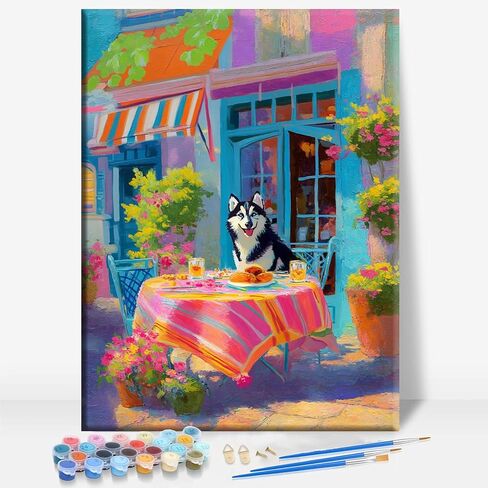 HUINORYA Husky UFO Night Sky Husky Dog Framed Canvas DIY Paint by Numbers Kit Bar Cafe Cave Home Room Wall Bathroom Porch Patio Decor Gift, 16 x 12 Inch in Kuwait