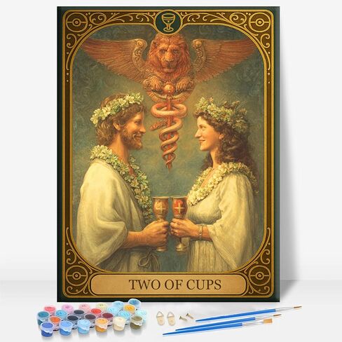 Aeontinity Minor Arcana Cups 02 Two Tarot Card Framed Canvas DIY Paint by Numbers Kit Bar Cafe Cave Home Room Wall Bathroom Porch Patio Decor Gift, 16 x 12 Inch in Saudi Arabia