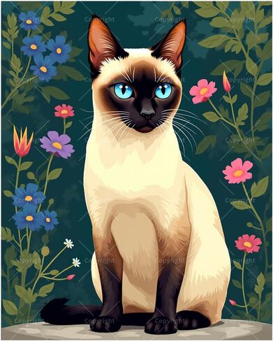 Cat Paint by Numbers Kit for Adults - DIY Siamese Cat with Flowers Painting on Canvas 16x20In, Acrylic Paint Set, Suitable for Beginners, Art for Pet Lovers Home Decoration or Gifts in Kuwait