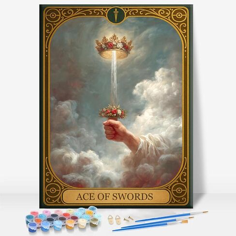 Aeontinity Minor Arcana Cups 02 Two Tarot Card Framed Canvas DIY Paint by Numbers Kit Bar Cafe Cave Home Room Wall Bathroom Porch Patio Decor Gift, 16 x 12 Inch in Saudi Arabia