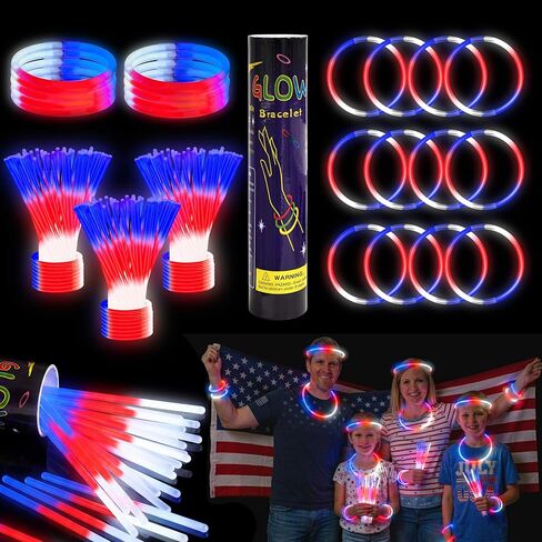 LIONO 100 Pcs 4th of July Glow Sticks Bulk, Ultra Bright Red White and Blue Glow Sticks 3-in-1 with Connectors, 4th of July Accessories for Independence Day Party, Nighttime Events & Party Activities in Saudi Arabia