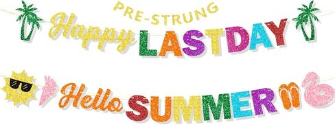 Glitter Happy Last Day Hello Summer Banner, Pre-Strung NO DIY Last Day of School Summer Party Decorations End of School Year Summer Vacation Party Supplies in Saudi Arabia