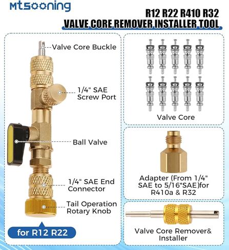 R134A R410A R22 R12 HVAC مجموعة خراطيم الشحن وصمام الكرة، أداة تثبيت مزيل صمام R410A الأساسية مع خراطيم صمام كروي 7 بوصة 1/4 بوصة خيط SAE، لمقياس التيار المتردد المنوع 1/4 بوصة خرطوم خيط in Kuwait