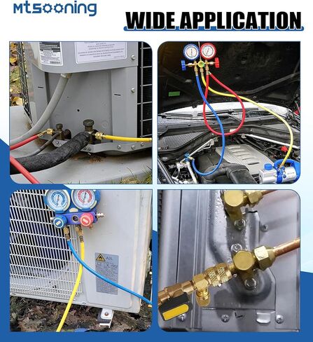 R134A R410A R22 R12 HVAC مجموعة خراطيم الشحن وصمام الكرة، أداة تثبيت مزيل صمام R410A الأساسية مع خراطيم صمام كروي 7 بوصة 1/4 بوصة خيط SAE، لمقياس التيار المتردد المنوع 1/4 بوصة خرطوم خيط in Kuwait