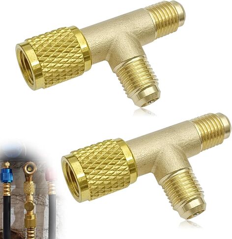 2Pcs Quick Coupler Access Tee, 1/4'' Brass Valves Core Tee Adapter Brass Refrigerant with Swivel Connector for R12 R22 R134 Gauge Deep Vacuum Pump Manifold in Saudi Arabia