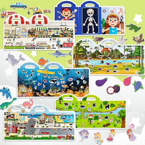 6 Themes Reusable Sticker Books for Toddlers 2-4 Years with 300+ Waterproof, Easy to Clean Toddler Stickers & 6 Play Scenes, Reusable Sticker Books for Toddlers 2-4 Years, Toddler Stickers in Saudi Arabia