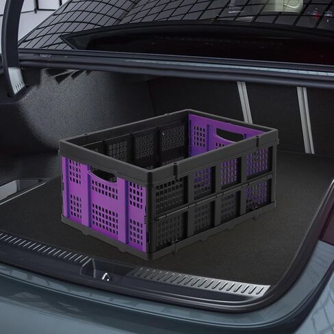 صندوق تخزين قابل للطي سعة 55 لتر، سلة بلاستيكية قابلة للطي مع مقابض، صندوق أدوات شديد التحمل لصندوق السيارة، والتحرك، والتخييم، والبقالة، وتنظيم المنزل والجراج، أرجواني in Kuwait