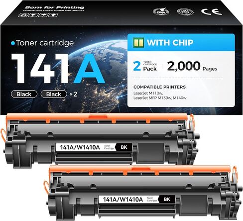 خرطوشة حبر 141A سوداء مكونة من عبوتين مع رقاقة بديلة متوافقة عالية الإنتاجية لحبر HP 141A 141X W1410A W1410X يعمل مع طابعة ليزر LaserJet MFP M140w M110w M140 M110 M139 M139we M140we M110we in Kuwait