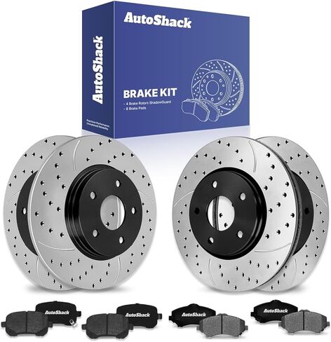 دوارات فرامل أمامية وخلفية من AutoShack ومنصات سيراميك لدودج وكرايسلر، جراند كارافان 2008-2011 تاون آند كانتري 2008-2011، FWD V6 3.3L 3.6L 3.8L 4.0L - محفورة ومشقوقة مطلية إلكترونيًا - ShadowGuard in Kuwait