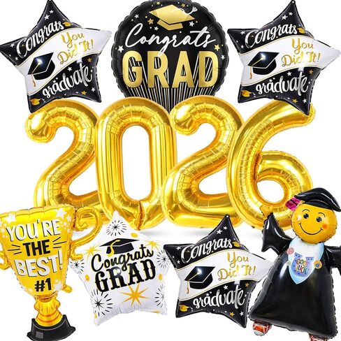 Graduation Party Decorations 2026 Graduation Balloons - 13Pcs Black Gold Graduation Foil Balloons Class of 2026 with Ribbons - Grad Mylar Balloons for Grad Decorations Supplies, College, High School in Saudi Arabia
