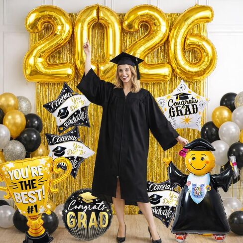 Graduation Party Decorations 2026 Graduation Balloons - 13Pcs Black Gold Graduation Foil Balloons Class of 2026 with Ribbons - Grad Mylar Balloons for Grad Decorations Supplies, College, High School in Saudi Arabia