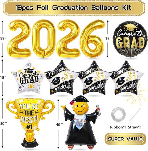 Graduation Party Decorations 2026 Graduation Balloons - 13Pcs Black Gold Graduation Foil Balloons Class of 2026 with Ribbons - Grad Mylar Balloons for Grad Decorations Supplies, College, High School in Saudi Arabia