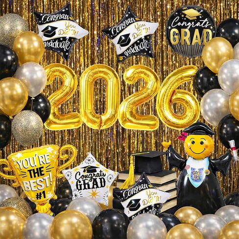 Graduation Party Decorations 2026 Graduation Balloons - 13Pcs Black Gold Graduation Foil Balloons Class of 2026 with Ribbons - Grad Mylar Balloons for Grad Decorations Supplies, College, High School in Saudi Arabia