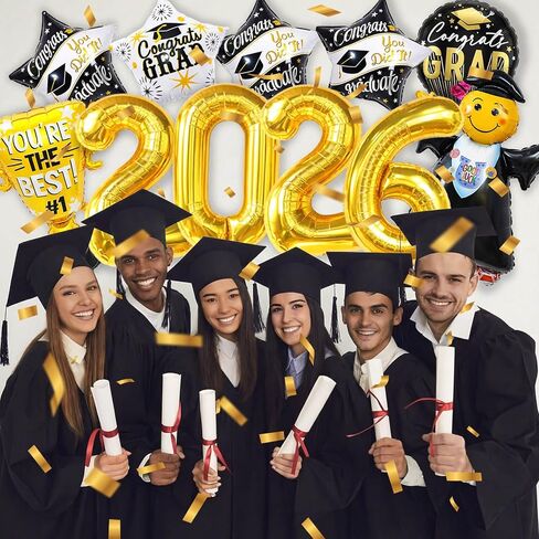 Graduation Party Decorations 2026 Graduation Balloons - 13Pcs Black Gold Graduation Foil Balloons Class of 2026 with Ribbons - Grad Mylar Balloons for Grad Decorations Supplies, College, High School in Saudi Arabia
