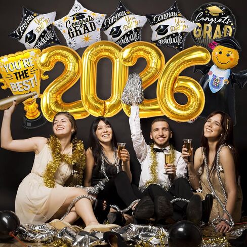Graduation Party Decorations 2026 Graduation Balloons - 13Pcs Black Gold Graduation Foil Balloons Class of 2026 with Ribbons - Grad Mylar Balloons for Grad Decorations Supplies, College, High School in Saudi Arabia