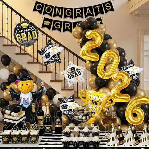 Graduation Party Decorations 2026 Graduation Balloons - 13Pcs Black Gold Graduation Foil Balloons Class of 2026 with Ribbons - Grad Mylar Balloons for Grad Decorations Supplies, College, High School in Saudi Arabia