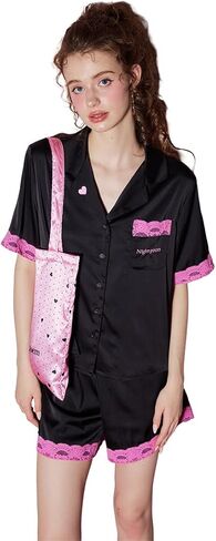 Satin Pajamas for Women Set - Silk Shorts Pjs Soft Short Sleeve Button Down with Lace Trim Sleepwear (Eye Mask) in Saudi Arabia