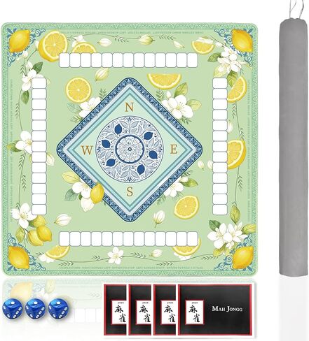 Lemon Mahjong Mat 33"x33" Non-Slip Noise Reducing Table Cover, Mahjong Mat with Rules and Tile Layout, American Mah Jong Game Surface, Yellow Decorative Play Area for Poker, Cards Games (Green) in Saudi Arabia