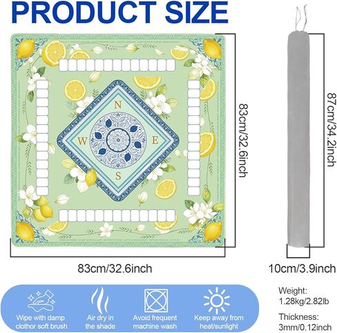 Lemon Mahjong Mat 33"x33" Non-Slip Noise Reducing Table Cover, Mahjong Mat with Rules and Tile Layout, American Mah Jong Game Surface, Yellow Decorative Play Area for Poker, Cards Games (Green) in Saudi Arabia