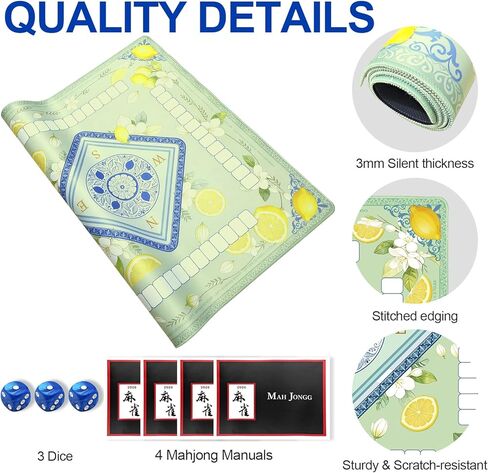 Lemon Mahjong Mat 33"x33" Non-Slip Noise Reducing Table Cover, Mahjong Mat with Rules and Tile Layout, American Mah Jong Game Surface, Yellow Decorative Play Area for Poker, Cards Games (Green) in Saudi Arabia