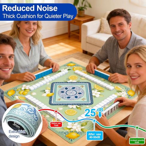 Lemon Mahjong Mat 33"x33" Non-Slip Noise Reducing Table Cover, Mahjong Mat with Rules and Tile Layout, American Mah Jong Game Surface, Yellow Decorative Play Area for Poker, Cards Games (Green) in Saudi Arabia