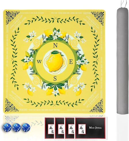 Lemon Mahjong Mat 33"x33" Non-Slip Noise Reducing Table Cover, Mahjong Mat with Rules and Tile Layout, American Mah Jong Game Surface, Yellow Decorative Play Area for Poker, Cards Games (Green) in Saudi Arabia