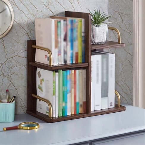 Bookshelf Black Walnut Colour Artificial Board Desktop Bookshelf, with Gold Iron Pipe Storage Organizer, Study Office Supplies Display Shelf for Living Room Home Office in Saudi Arabia