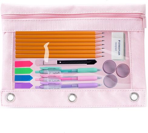 Binder Pencil Pouch for 3 Ring Binder, Clear Pencil Case Box Bag with Zipper, Aesthetic Pen Organizer for School Supplies, Back to School for Girls Boys Kids, 1 Pack, Pink in Saudi Arabia
