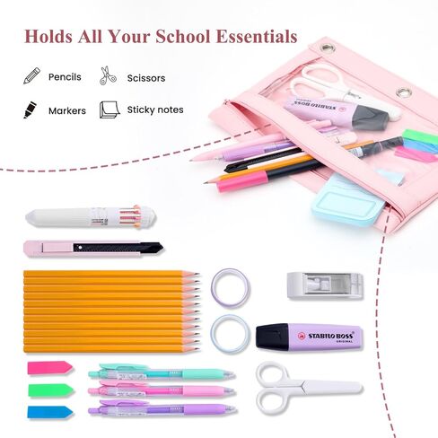 Binder Pencil Pouch for 3 Ring Binder, Clear Pencil Case Box Bag with Zipper, Aesthetic Pen Organizer for School Supplies, Back to School for Girls Boys Kids, 1 Pack, Pink in Saudi Arabia