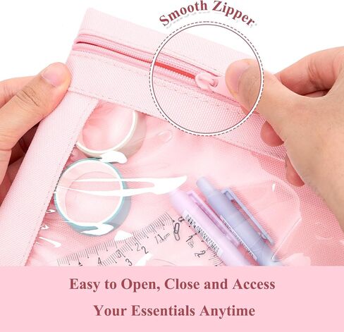 Binder Pencil Pouch for 3 Ring Binder, Clear Pencil Case Box Bag with Zipper, Aesthetic Pen Organizer for School Supplies, Back to School for Girls Boys Kids, 1 Pack, Pink in Saudi Arabia