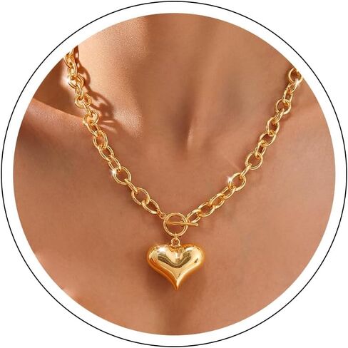 Gold Heart Necklace for Women – Chunky 14K Gold Plated Heart Pendant Necklace with Toggle Clasp, Oval Link Chain, Trendy Dainty Non Tarnish Love Jewelry Gift in Saudi Arabia