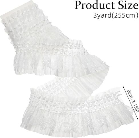 3 Yards 3.15 Inch Elastic Ruffled Pleated Lace Trim, Double Layer Pleated Lace Ribbon, Stretchy Gather Ruffle Ribbons for Sewing Dress Bag Costume Curtain Decoration Trimming Craft in Saudi Arabia
