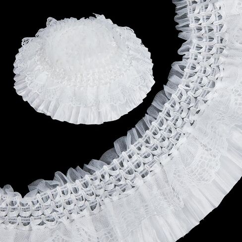 3 Yards 3.15 Inch Elastic Ruffled Pleated Lace Trim, Double Layer Pleated Lace Ribbon, Stretchy Gather Ruffle Ribbons for Sewing Dress Bag Costume Curtain Decoration Trimming Craft in Saudi Arabia