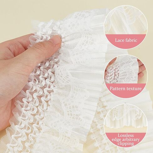3 Yards 3.15 Inch Elastic Ruffled Pleated Lace Trim, Double Layer Pleated Lace Ribbon, Stretchy Gather Ruffle Ribbons for Sewing Dress Bag Costume Curtain Decoration Trimming Craft in Saudi Arabia
