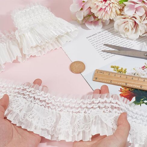 3 Yards 3.15 Inch Elastic Ruffled Pleated Lace Trim, Double Layer Pleated Lace Ribbon, Stretchy Gather Ruffle Ribbons for Sewing Dress Bag Costume Curtain Decoration Trimming Craft in Saudi Arabia