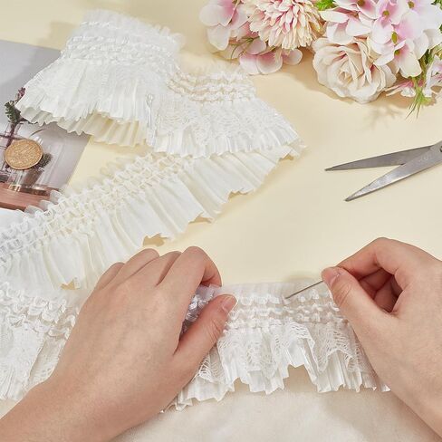3 Yards 3.15 Inch Elastic Ruffled Pleated Lace Trim, Double Layer Pleated Lace Ribbon, Stretchy Gather Ruffle Ribbons for Sewing Dress Bag Costume Curtain Decoration Trimming Craft in Saudi Arabia