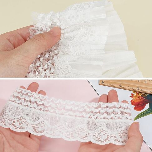 3 Yards 3.15 Inch Elastic Ruffled Pleated Lace Trim, Double Layer Pleated Lace Ribbon, Stretchy Gather Ruffle Ribbons for Sewing Dress Bag Costume Curtain Decoration Trimming Craft in Saudi Arabia