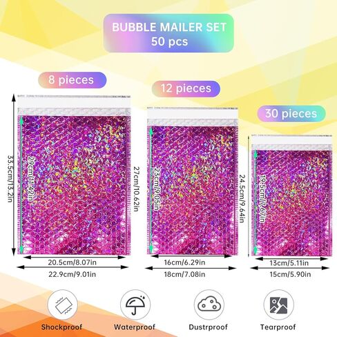 50 Pcs Metallic Bubble Mailers,Holographic Bubble Mailers,Poly Padded Envelopes,Waterproof Self Seal Adhesive Shipping Bags,Holographic Envelopes for Mailing,Packing,Small Business,Thicken (Rose Red) in Saudi Arabia