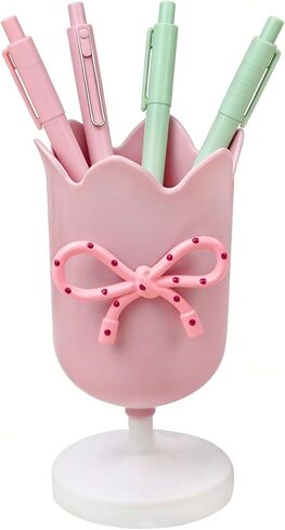Tulip Pen Holder for Desk Cute Plastic Pencil Organizer Makeup Brush Cup Holders with Adhesive Bow, Teachers Gifts Back To School Office Accessories (Pink) in Saudi Arabia